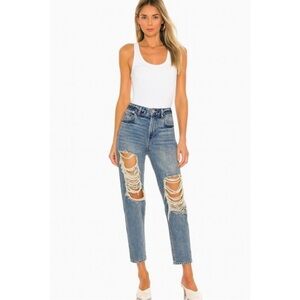 AFRM Boyfriend Blue Destroyed Button Fly High Rise Med Wash Ripped Jeans ☀️